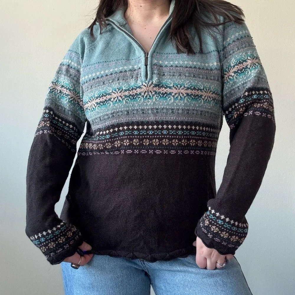 Y2K Eddie Bauer Knit Fair Isle Henley Sweater